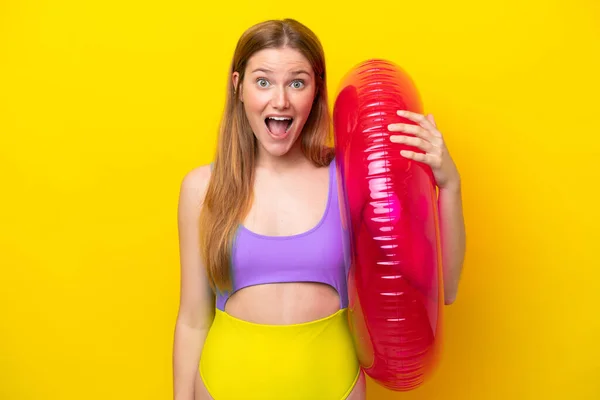 Young Caucasian Woman Holding Air Mattress Isolated Yellow Background Surprise — Foto de Stock
