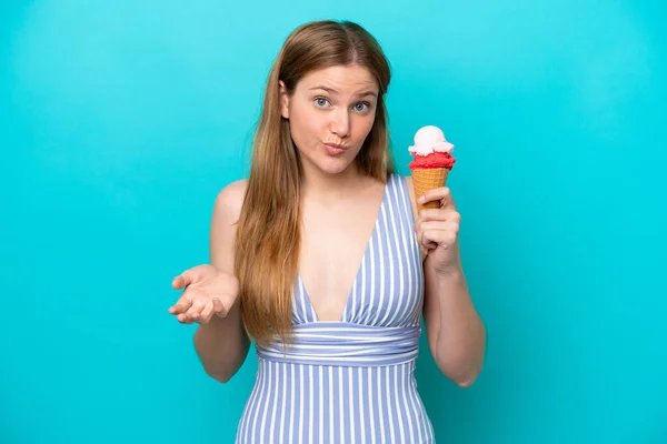 Young Caucasian Woman Swimsuit Eating Ice Cream Isolated Blue Background — Photo