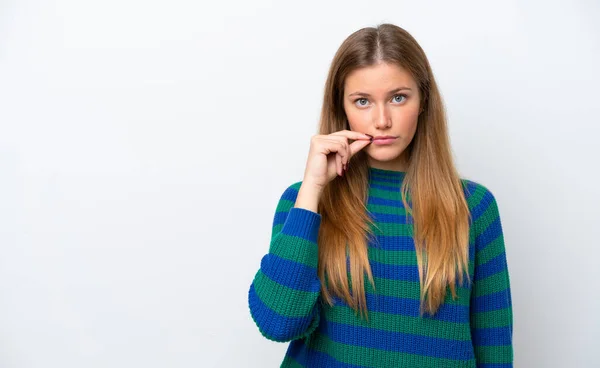 Jeune Femme Caucasienne Isolée Sur Fond Blanc Montrant Signe Silence — Photo