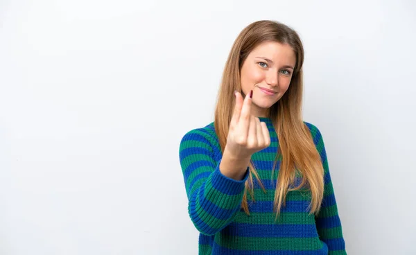 Junge Kaukasische Frau Isoliert Auf Weißem Hintergrund Macht Geld Geste — Stockfoto