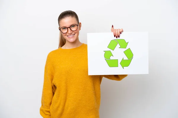 Young Caucasian Woman Isolated White Background Holding Placard Recycle Icon — Stock Photo, Image