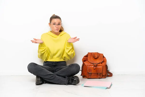 Young Student Caucasian Woman Sitting One Floor Isolated White Background — Stockfoto