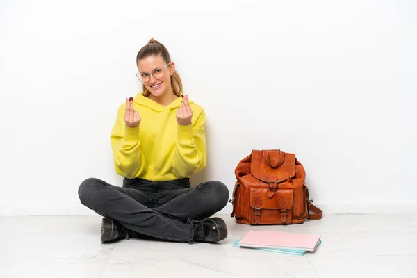 Young Student Caucasian Woman Sitting One Floor Isolated White Background — Stockfoto