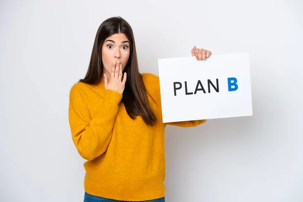 Young Brazilian Woman Isolated White Background Holding Placard Message Plan — Photo