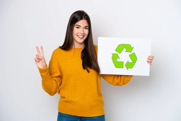 Young Brazilian Woman Isolated White Background Holding Placard Recycle Icon —  Fotos de Stock