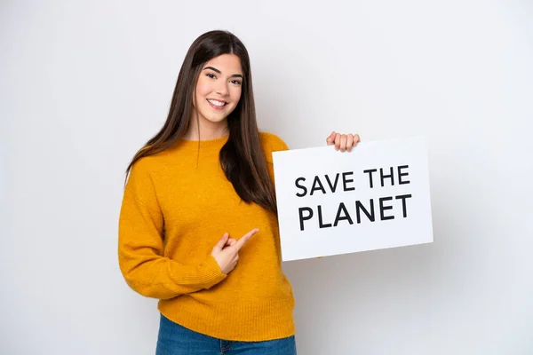 Jovem Brasileira Isolada Fundo Branco Segurando Cartaz Com Texto Salve — Fotografia de Stock