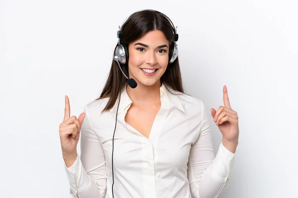 Telemarketer Caucasian Woman Working Headset Isolated White Background Pointing Great — 스톡 사진