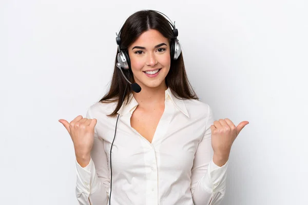 Telemarketer Caucasian Woman Working Headset Isolated White Background Thumbs Gesture — 스톡 사진