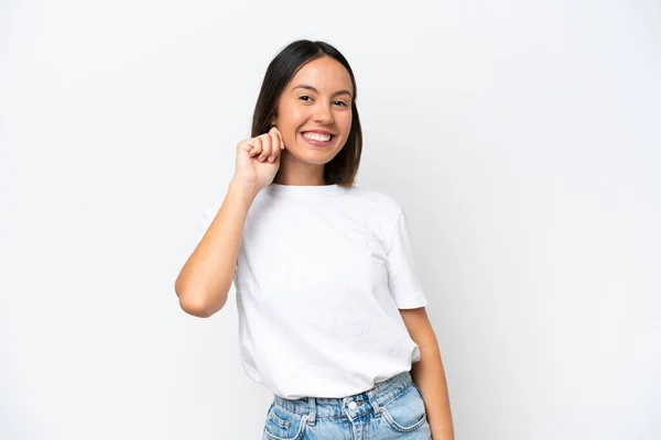 Jonge Kaukasische Vrouw Geïsoleerd Witte Achtergrond Lachen — Stockfoto