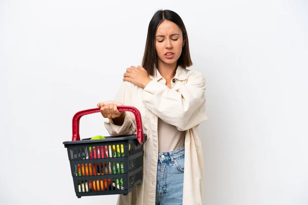 Young Woman Holding Shopping Basket Full Food Isolated White Background — Stockfoto