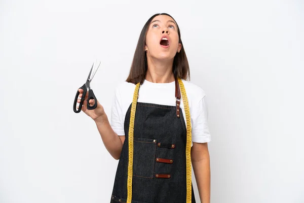 Young Seamstress Woman Isolated White Background Looking Surprised Expression — ストック写真