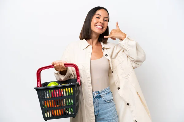 Young Woman Holding Shopping Basket Full Food Isolated White Background — ストック写真