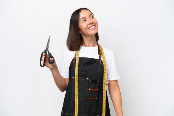 Young Seamstress Woman Isolated White Background Thinking Idea While Looking — Fotografia de Stock