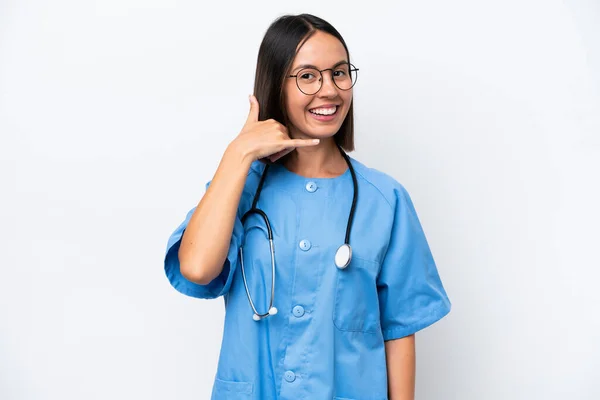 Young Surgeon Doctor Woman Isolated White Background Making Phone Gesture —  Fotos de Stock