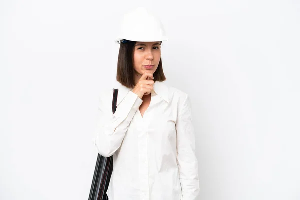 Young Architect Woman Helmet Holding Blueprints Isolated White Background Thinking — ストック写真