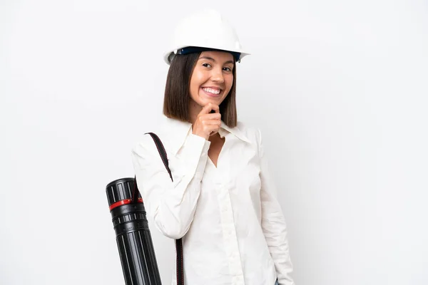 Young Architect Woman Helmet Holding Blueprints Isolated White Background Happy — ストック写真