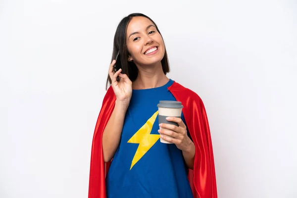 Super Hero Caucasian Woman Isolated White Background Holding Coffee Take — ストック写真