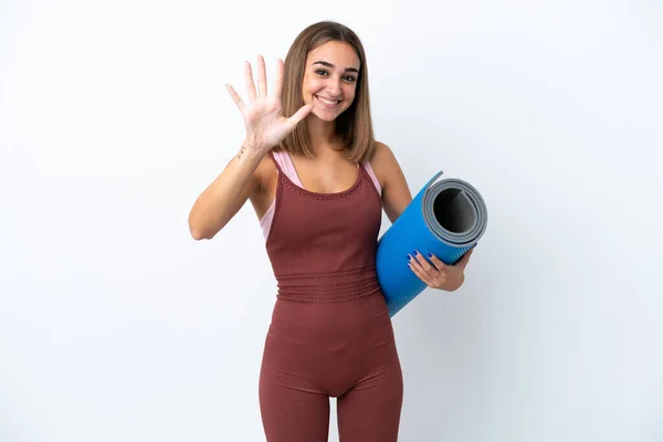 Young Sport Caucasian Woman Going Yoga Classes Isolated White Background — Foto de Stock