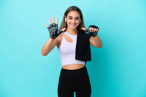 Young Sport Woman Isolated Blue Background Counting Six Fingers — Stock Fotó
