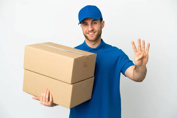 Delivery Man Isolated White Background Happy Counting Four Fingers — Stock Photo, Image