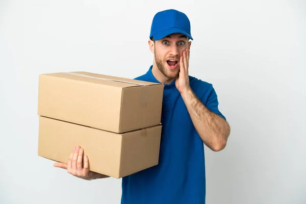 Delivery Man Isolated White Background Surprise Shocked Facial Expression — Stock Photo, Image