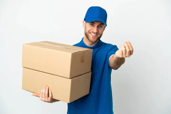 Delivery Man Isolated White Background Making Money Gesture — Stock Photo, Image