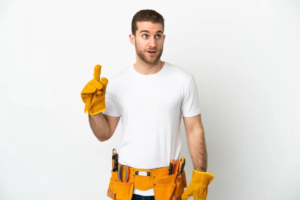 Young Electrician Man Isolated White Wall Thinking Idea Pointing Finger — 스톡 사진