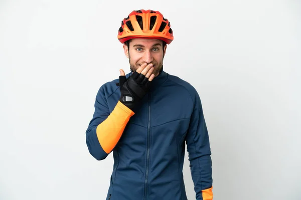 Young Cyclist Man Isolated White Background Happy Smiling Covering Mouth —  Fotos de Stock