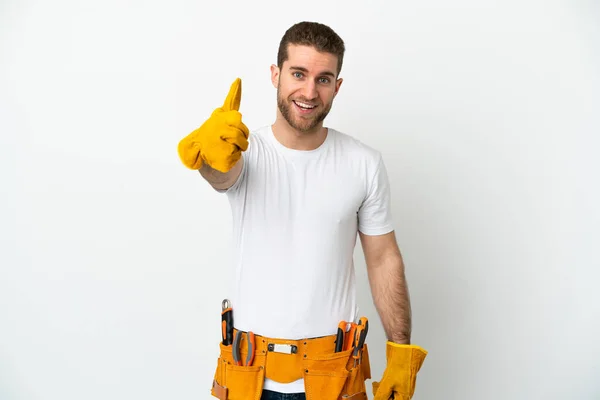 Young Electrician Man Isolated White Wall Thumbs Because Something Good — Foto de Stock