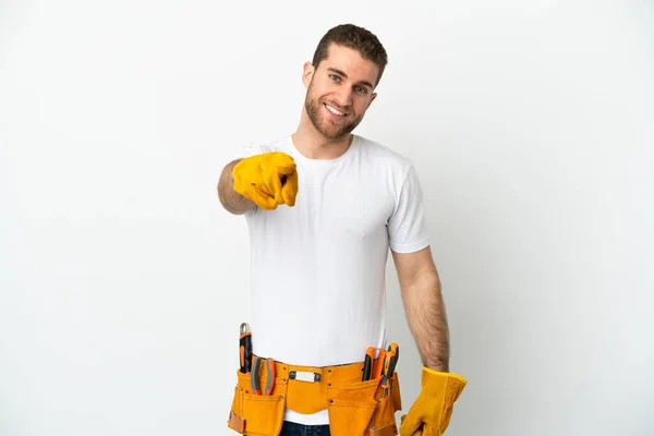 Young Electrician Man Isolated White Wall Pointing Front Happy Expression — 스톡 사진