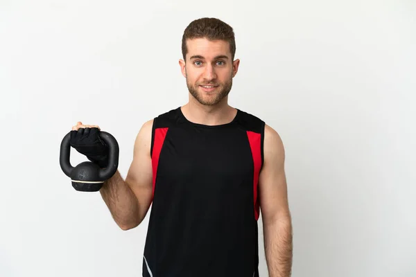 Hombre Guapo Rubio Sobre Fondo Blanco Aislado Haciendo Levantamiento Pesas — Foto de Stock