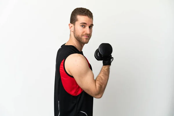 Hombre Guapo Rubio Sobre Fondo Blanco Aislado Haciendo Levantamiento Pesas — Foto de Stock