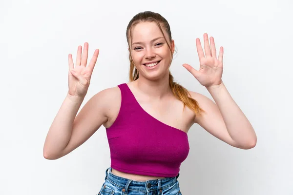 Joven Chica Caucásica Haciendo Karate Aislado Sobre Fondo Blanco Apuntando — Foto de Stock