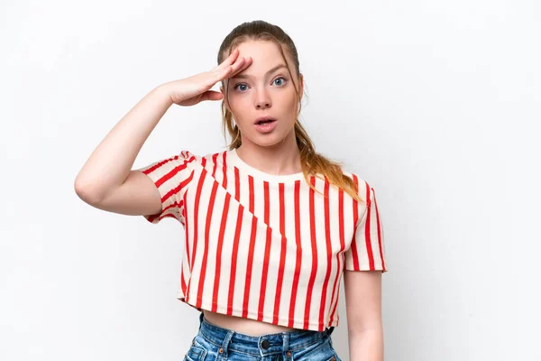 Giovane Ragazza Caucasica Facendo Karate Isolato Sfondo Bianco Che Punta — Foto Stock