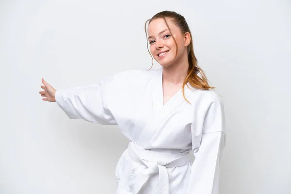 Young Caucasian Girl Doing Karate Isolated White Background Extending Hands — Foto de Stock