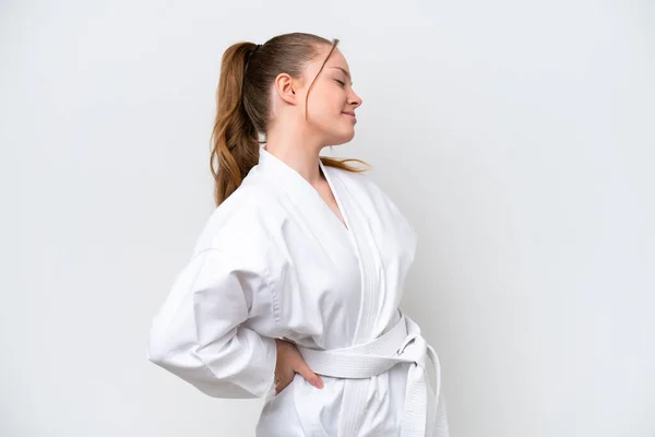 Young Caucasian Girl Doing Karate Isolated White Background Suffering Backache — Foto de Stock