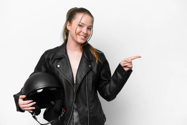 Jong Blank Meisje Met Een Motorfiets Helm Geïsoleerd Witte Achtergrond — Stockfoto