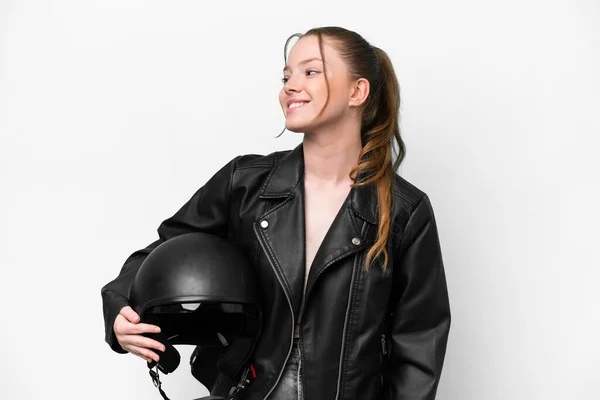 Young Caucasian Girl Motorcycle Helmet Isolated White Background Looking Side — Foto Stock