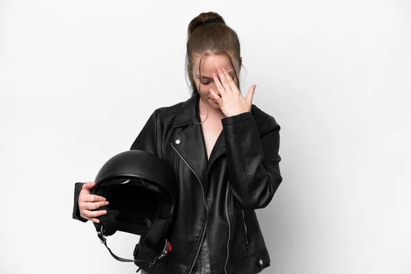 Young Caucasian Girl Motorcycle Helmet Isolated White Background Tired Sick — Stock Fotó