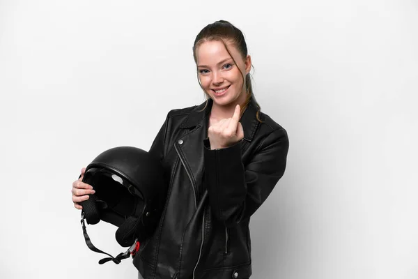 Ung Kaukasiska Flicka Med Motorcykel Hjälm Isolerad Vit Bakgrund Gör — Stockfoto