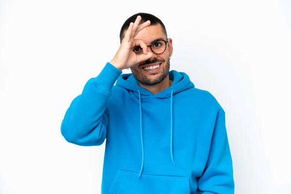 Young Caucasian Man Isolated White Background Glasses Happy Expression — 스톡 사진
