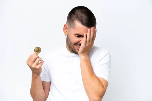 Young Caucasian Man Holding Bitcoin Isolated White Background Tired Sick — Stock fotografie