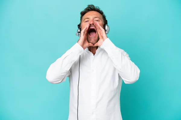 Telemarketer Caucasian Man Working Headset Isolated Blue Background Shouting Announcing — Stockfoto