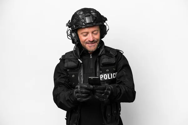 Middelbare Leeftijd Swat Man Geïsoleerd Witte Achtergrond Verzenden Van Een — Stockfoto