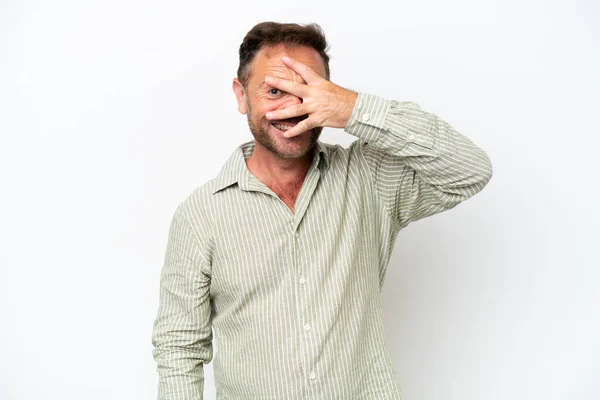 Middle Age Caucasian Man Isolated White Background Covering Eyes Hands — ストック写真