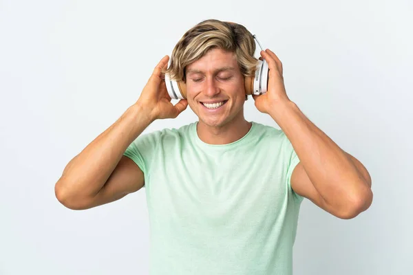 Engelse Man Geïsoleerde Witte Achtergrond Luisteren Muziek — Stockfoto