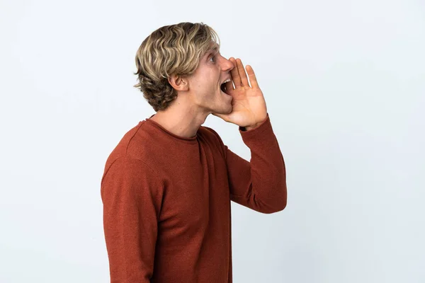 English Man Isolated White Background Shouting Mouth Wide Open Side — Stock fotografie