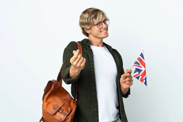 Young English Woman Holding United Kingdom Flag Making Money Gesture — Stock Photo, Image