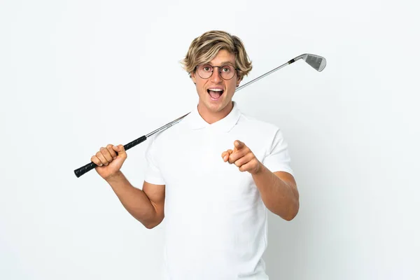 Engelse Man Golfen Verrast Wijzen Naar Voren — Stockfoto