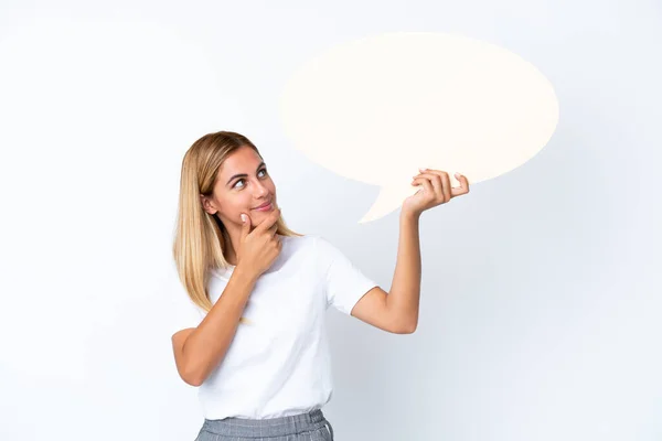 Blonde Uruguayan Girl Isolated White Background Holding Empty Speech Bubble — Stock Photo, Image